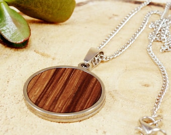 Natural wooden circular pendant necklace, short boho necklace, everyday steel necklace, wife gift for sister,  handmade jewelry for women