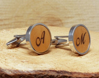 Personalized wooden initialed cufflinks, unique gift for men, custom cufflinks wedding, anniversary gift husband, custom engraved initials