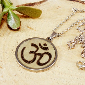 Om symbol pendant, steel om necklace,  wooden om necklace, yoga jewelry, ohm jewelry, yoga instructor gift, buddhist jewelry