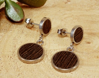 Round natural wood steel drop earrings, timeless earrings classic, simple dangle earrings, lightweight earrings, large earrings