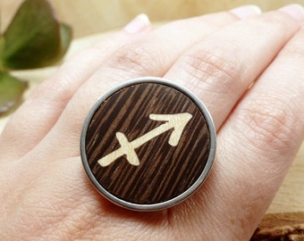 Sagittarius ring wood steel, sagittarius symbol ring, sagittarius zodiac ring, zodiac sign ring, december birthday sagittarius