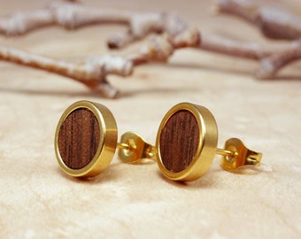 Classic studs men, small round studs, high quality stud, walnut wood studs, gold plated studs, stainless steel stud, mens earring golden