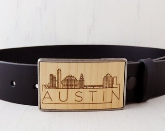 Lasergraverat bältesspänne till Austins stadssilhuett, presenter till Austin Texas, presentidé för Austin-älskare, Austins stadsbild, present till delstaten Texas