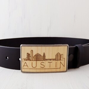 Austin city skyline belt buckle engraved laser wood, Austin Texas gifts, gift idea for Austin lovers, Austin cityscape,state of texas gift