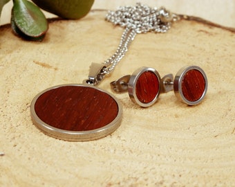 Necklace earrings set, boho bridesmaids weddings jewelry set, wood stud earrings, nature pendant necklace, christmas gift