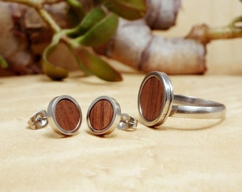 Anillo de madera, pendientes de madera, conjunto de anillo y pendientes de madera, pendientes de nogal, anillo de madera natural para mujer, pendientes de madera natural para mujer