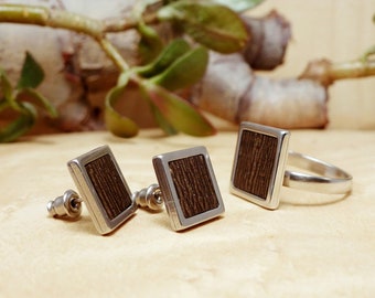 Exclusive ring earrings set, wooden steel jewelry set, square wooden ring, square stud earrings, geometric jewelry set