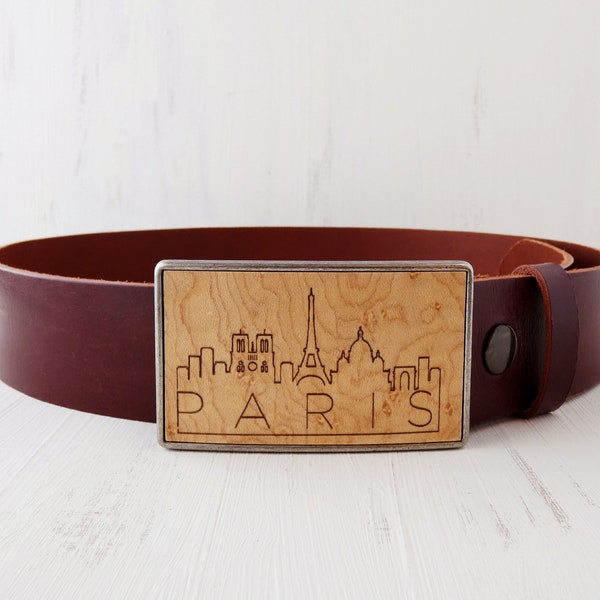 Boucle de Ceinture en Bois Gravé avec Skyline de Paris & Tour Eiffel, Design Minimaliste en Art de Ligne, Cadeau pour Elle Souvenir Parisien