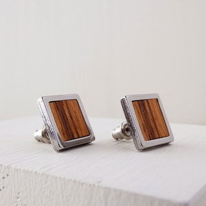 Simple square shape earrings, wood small studs, stainless steel earrings, gift birthday for sister, minimalist jewelry for modern women