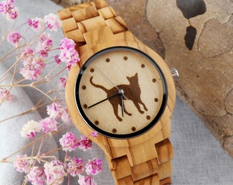 Montre unique pour amoureux des chats - Montre en bois gravée d'une silhouette de chat - Cadeau idéal pour femme