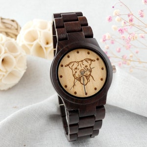 Aangepast Pitbull-horloge: gepersonaliseerd gegraveerd houten polshorloge met hondenportret, ideaal cadeau voor hondenliefhebbers en dierenartsen