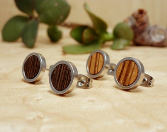 Two pairs earrings, wooden steel stud earrings set, minimal tiny wooden steel stud earrings, unisex studs earrings set