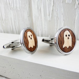 Geist Manschettenknöpfe für Männer, Halloween Schmuck, Holz und Stahl Handgemachte Geschenke, Einzigartige Manschettenknöpfe für Ihn, Ehemann, Bruder