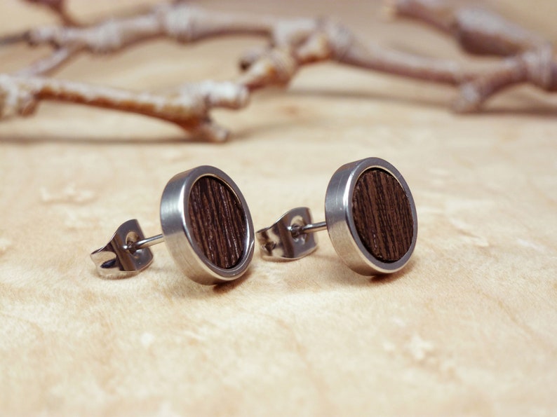 Hipster men's jewelry – wooden studs with a stainless steel base, allergy-free