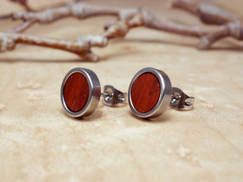 Men's wooden earrings with stainless steel, a unique gift for the modern man.