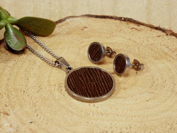 Nature jewelry set, nature lover gift, wood stud earrings necklace, bohemian jewelry set, fashion necklace post earrings