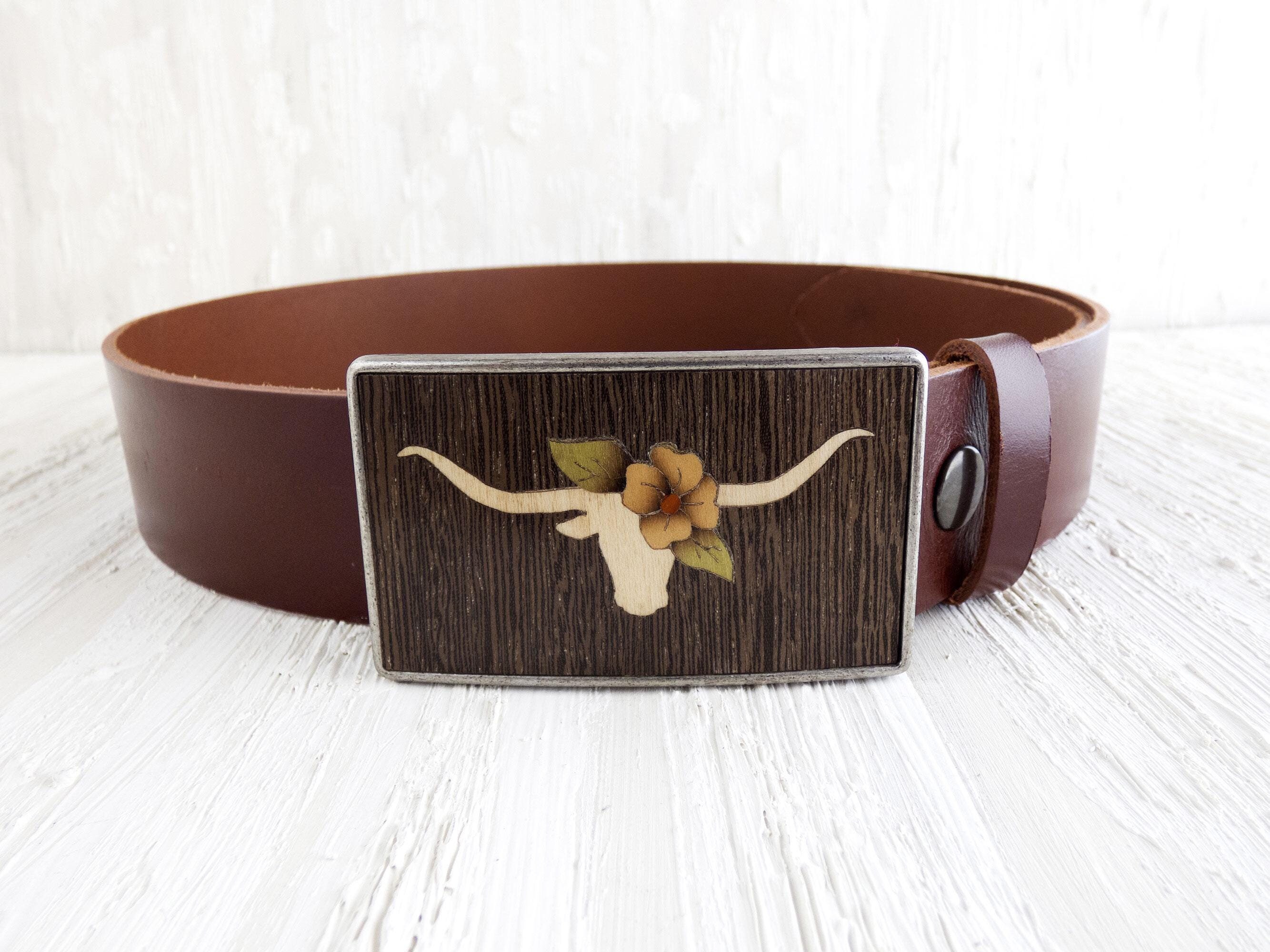 Handmade Longhorn Belt Buckle, Natural Wood With Floral Boho  display picture 3