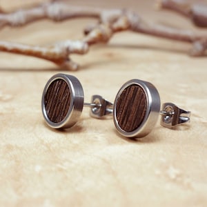 Sophisticated walnut wood stud earrings for men, handcrafted in Barcelona