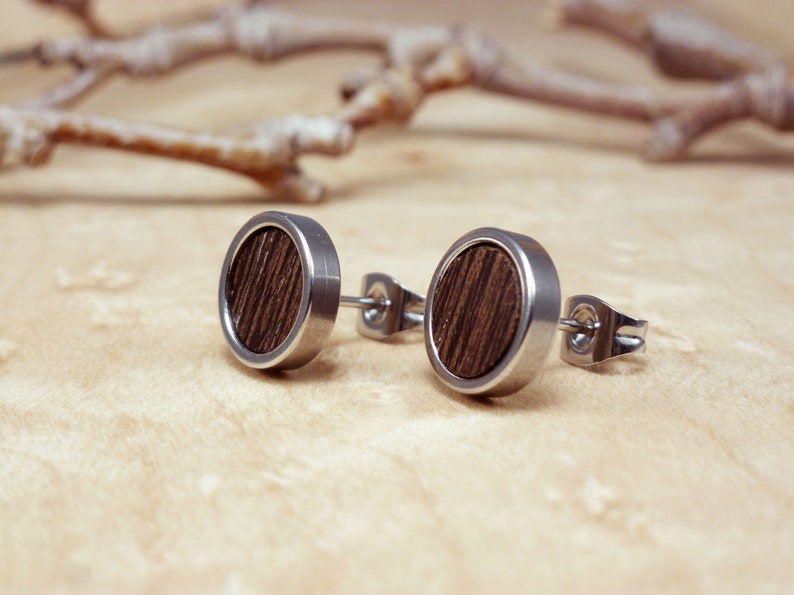 Sophisticated walnut wood stud earrings for men, handcrafted in Barcelona