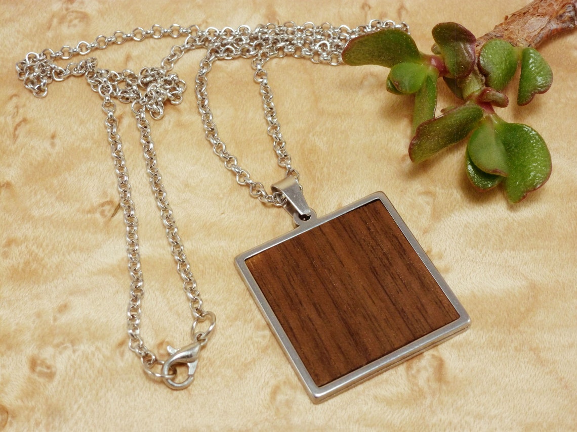 Square Wood Pendant Necklace Geometric Steel Necklace Simple Etsy
