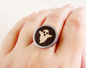 Anillo ajustable con cara de fantasma, joyería de fantasma de madera hecha a mano para mujer, divertido anillo de Halloween, lindo anillo de fantasma, joyería espeluznante para usar a diario