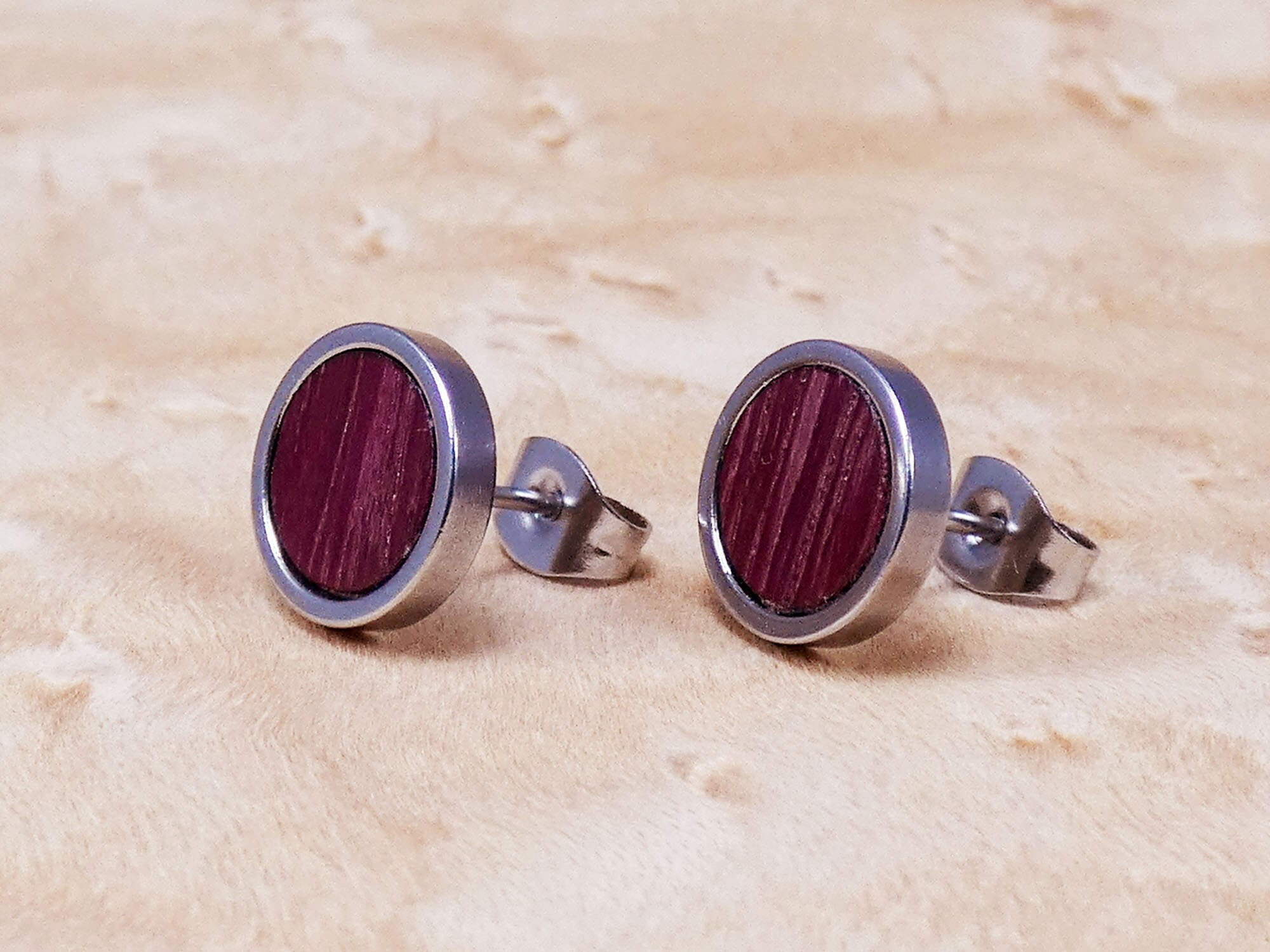 Purple Heart Wood Stud Earrings Mens Rustic Wooden Earrings