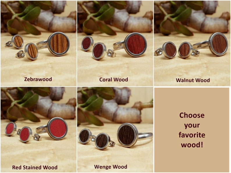 May include: Set of wooden earrings and a ring in various wood types, including zebrawood, coral wood, walnut wood, red stained wood, and wenge wood. Choose your favorite wood!