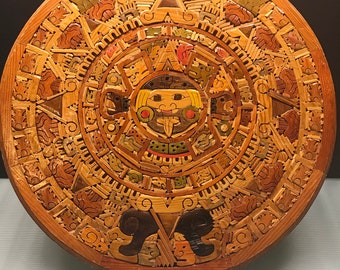 Aztec Mayan Calendar Carved Wood 9/" Diameter Home Decor Wooden Wall Art