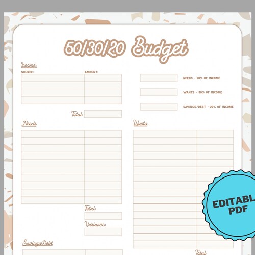 50 30 20 Budget Worksheet Fillable PDF Etsy Canada