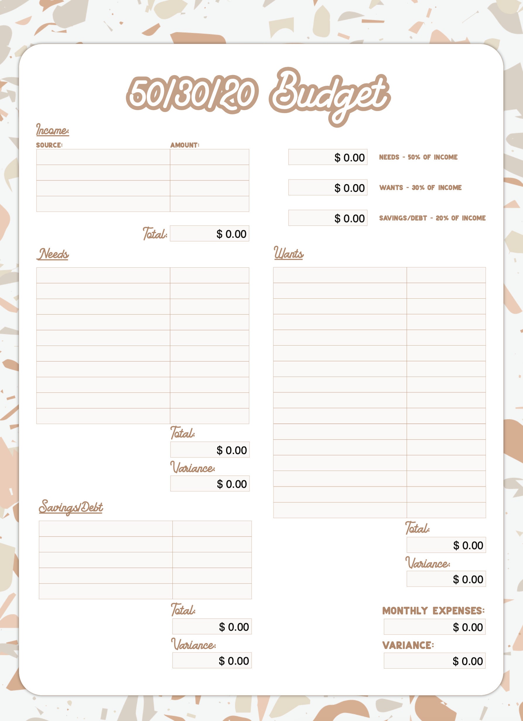 50 30 20 Budget Worksheet Fillable PDF Etsy