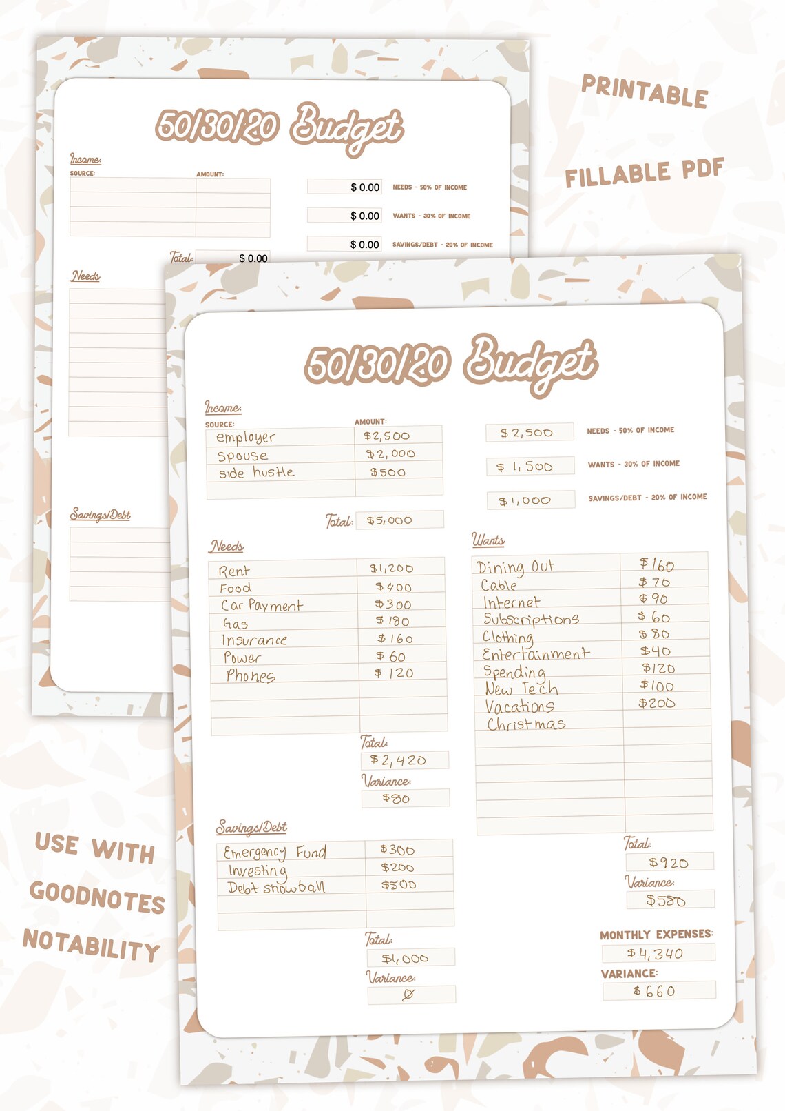 50 30 20 Budget Worksheet Fillable PDF Etsy
