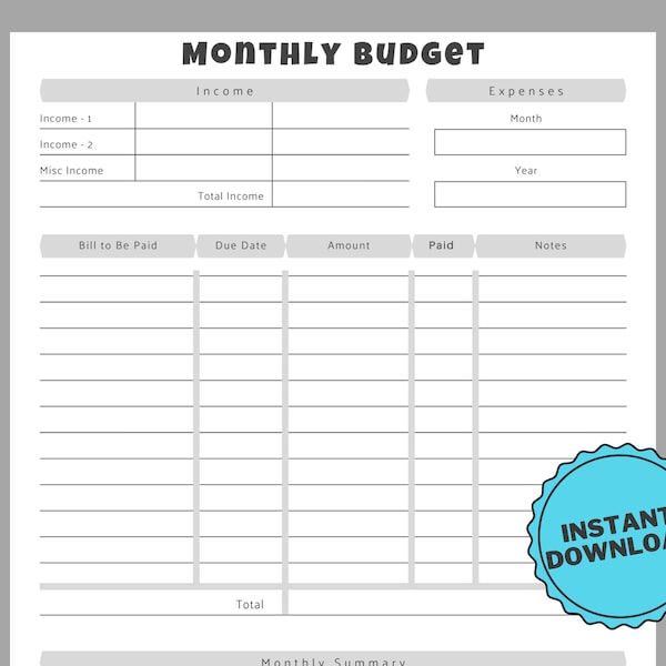 Monthly Budget Sheet, Downloadable PDF, budget template, printable budget sheet