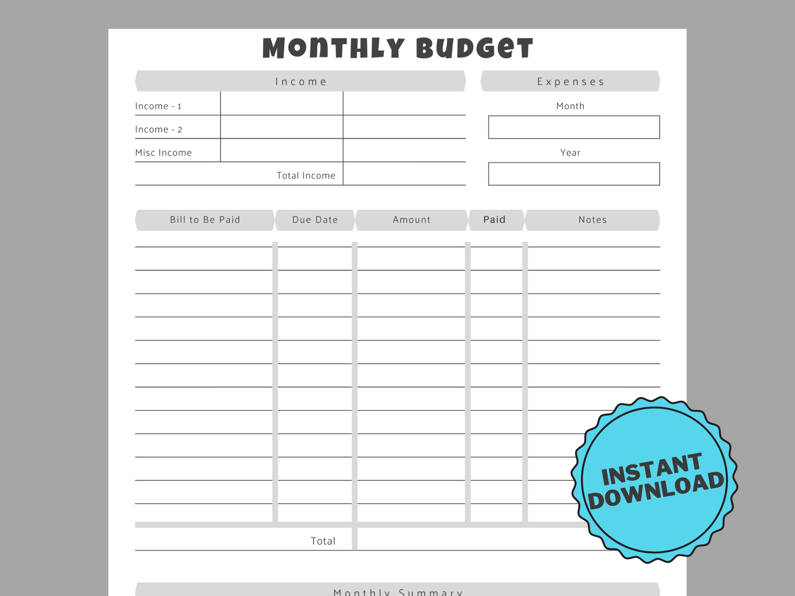 Buy Monthly Budget Sheet, Downloadable PDF, Budget Template