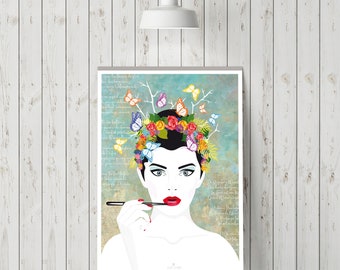 Mother Nature Illustration Poster Print, Butterfly Wall Art, Beauty, Makeup, Floral Decoration - Download A4