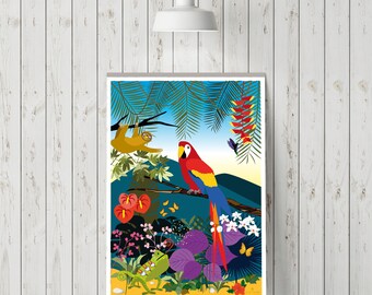 Parrot illustration poster print, bird wall art, jungle cafe, tropical wall decor, flowers - Download A4