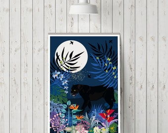 Panther illustration poster print, animal wall art, cat, jungle, tropical wall decoration, flowers - Download A4