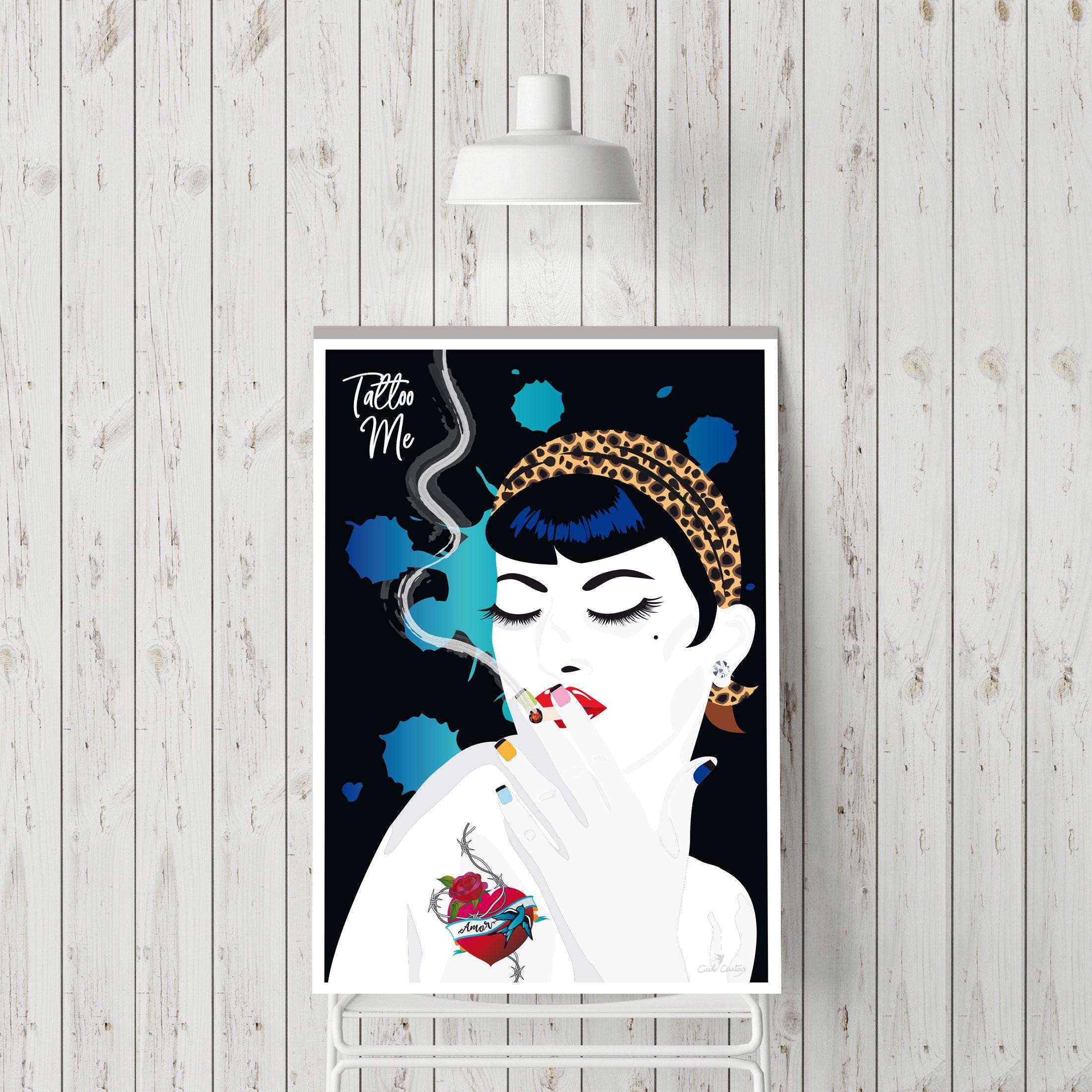 Print poster illustration woman, cigarette wall art, tattoo, tattoo, woman wall decoration, heart - To download A4