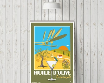 Print poster illustration olive oil, olive wall art, bottle, provence, nature wall decoration, flowers - Download A4