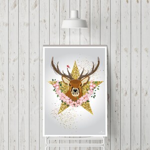 Print poster illustration deer, animal wall art, animals, king of the forest, golden star wall decoration - Download A4