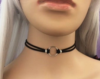 Faux Suede 15mm Steel O Ring & Alloy Spacers Public Submissive Ownership Collar (13 colours)