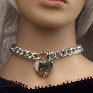LOCKING Chunky Aluminium Submissive Ownership Collar 30mm Silver Tone Alloy Locking Heart