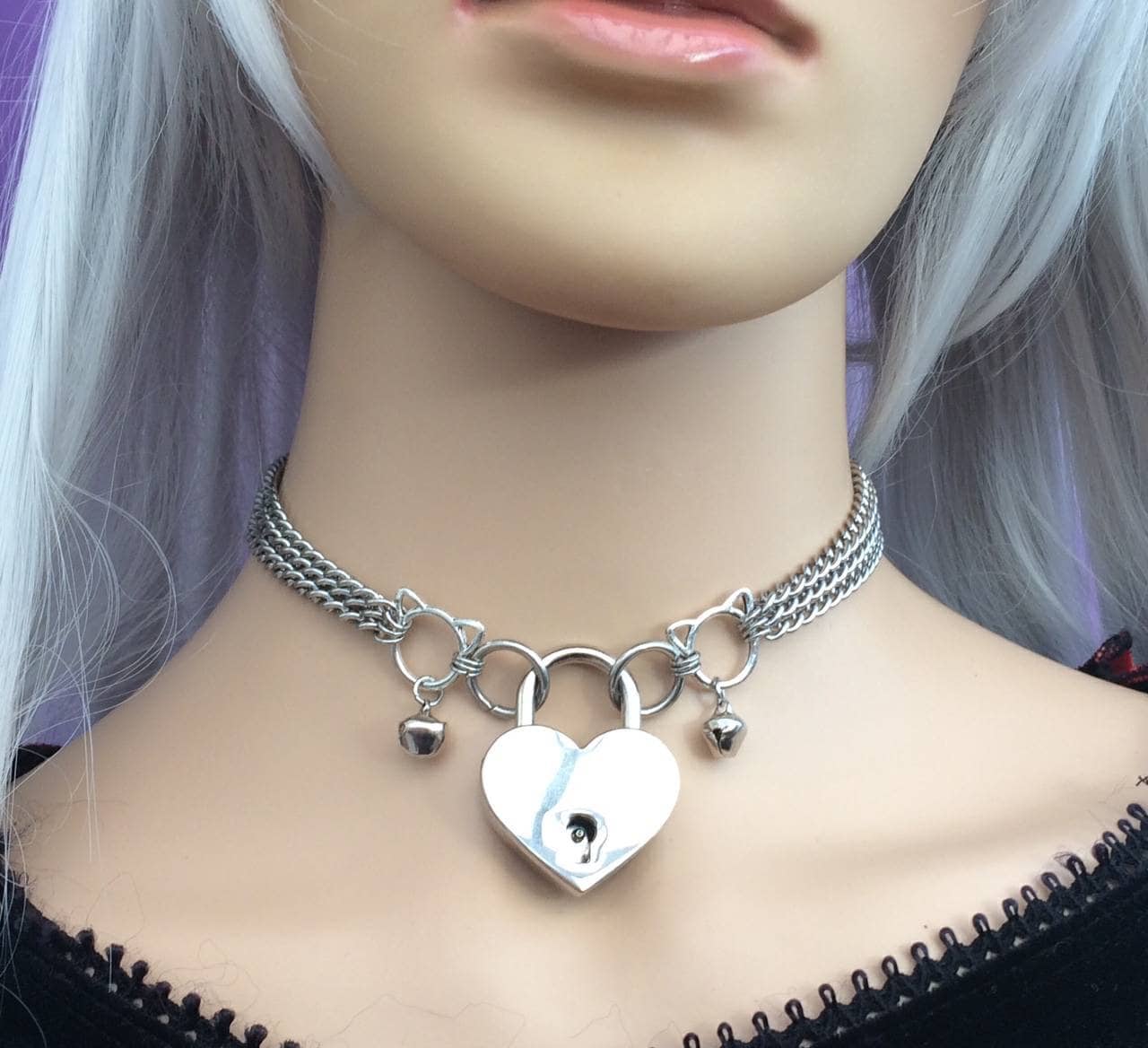 Stainless Steel with Kittens and Bells, O Rings & 30mm Heart Padlock Submissive Collar | Submissive Necklace | BDSM Jewellery | Gift for Sub