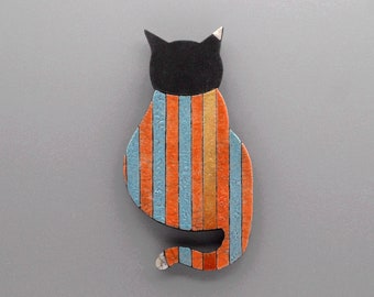 Raku ceramic cat, turquoise, orange, yellow stripes, pottery wall sculpture, birthday gift, for yourself, by LeChatCeramique