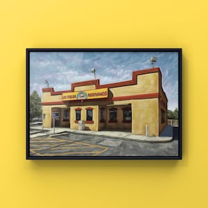 May include: A painting of a yellow and red building with the words "Los Pollos Hermanos" on the front. The building has a red roof and a sign with a rooster on it.