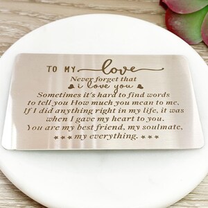 N'oubliez jamais que je t'aime, carte portefeuille recto-verso, cadeau romantique pour mari, acier inoxydable, cadeau d'une femme, cadeau sentimental pour petit ami