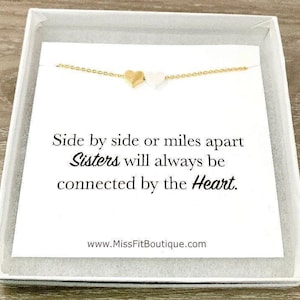 Collana per sorelle, delicata collana con 2 cuori, citazione &quot;Uniti dal cuore&quot;, regalo per sorelle, gioielli per confraternite, regalo di Natale da parte di sorelle