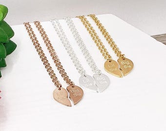 Big Little Sis Necklace Set for 2, Dainty Split Heart Pendant, Friendship Necklace, Sisters Gift, Bestie Birthday , Interlocking Necklace