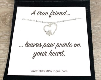 Paw Print Heart Necklace, Dainty Paw Pendant Silver, Minimal Pet Jewelry, Cat Lover Gift, Dog Owner Gift, Paw Prints on your Heart Quote