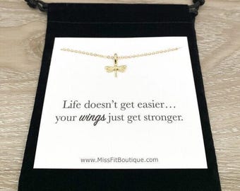 Dragonfly Necklace, Wings Get Stronger Quote, Uplifting Gift, Minimal Dragonfly Jewelry, Strength Gift, Inspirational Jewelry, Daughter Gift