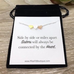 Sisters Side By Side or Miles Apart, 3 Hearts Necklace, Connected by the Heart Quote, Sister Gift, Sorority Jewelry, Sister of the Bride